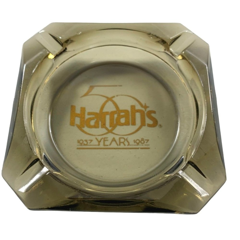 Harrahs 50th Annivesary Ashtray Smoked Glass Advertising Hotel Casino Nevada